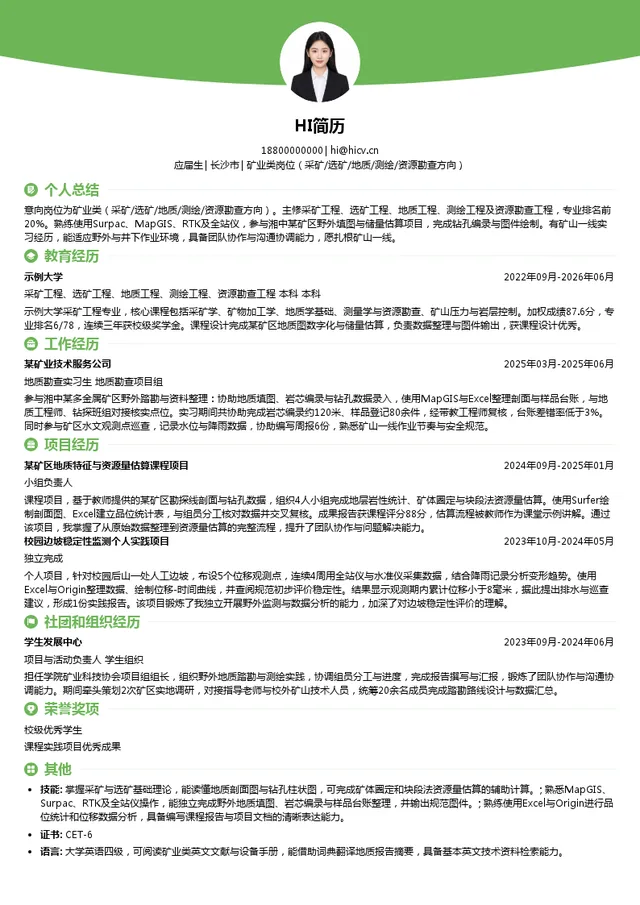 湖南省矿产资源集团有限责任公司矿业类岗位（采矿/选矿/地质/测绘/资源勘查方向）投递简历模板
