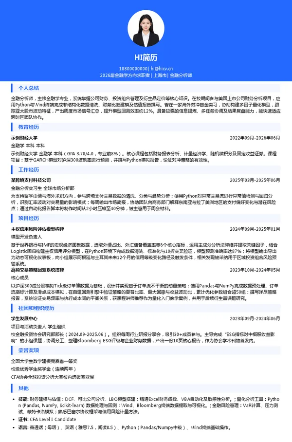 留学金融分析师简历模板