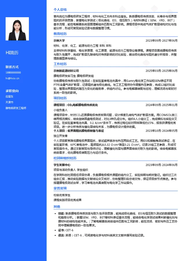费曼动力膜电极研发工程师投递简历模板