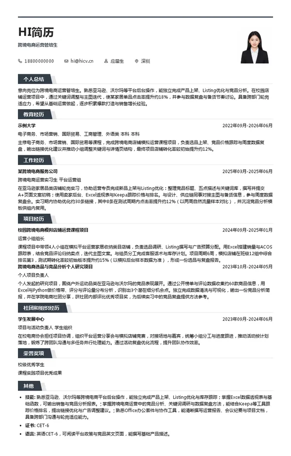华海互通跨境电商运营管培生投递简历模板