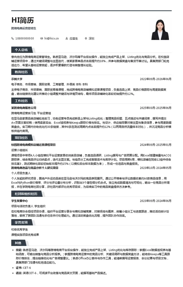 华海互通跨境电商运营管培生投递简历模板