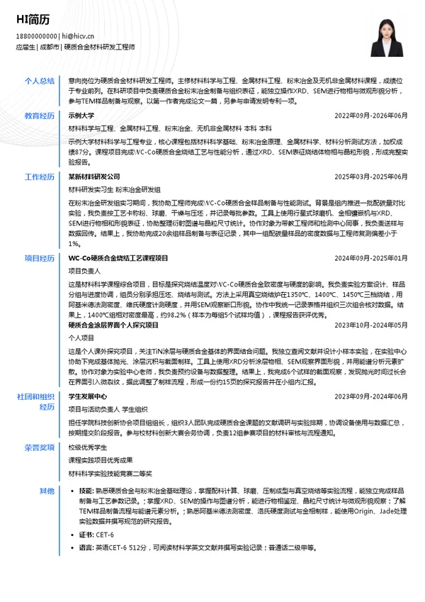 杭州科百特过滤器材有限公司硬质合金材料研发工程师投递简历模板