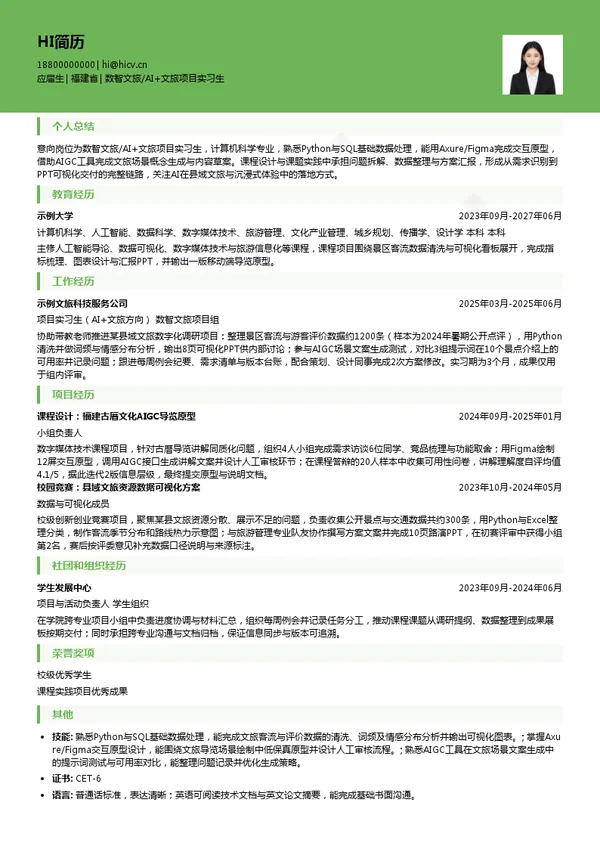 福建未来文旅研究院数智文旅/AI+文旅项目实习生投递简历模板