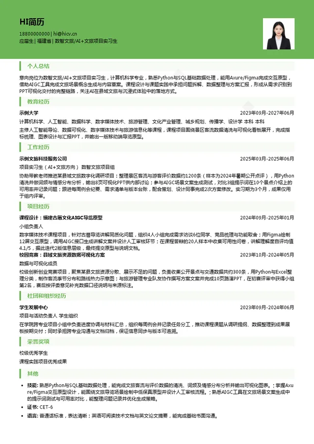 福建未来文旅研究院数智文旅/AI+文旅项目实习生投递简历模板