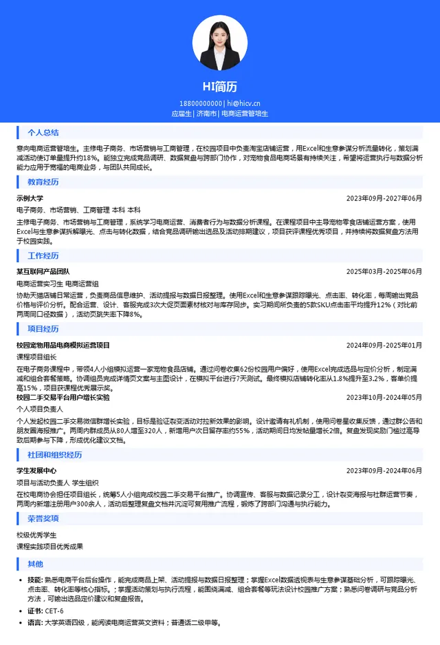 济南宽福宠物食品有限公司电商运营管培生投递简历模板