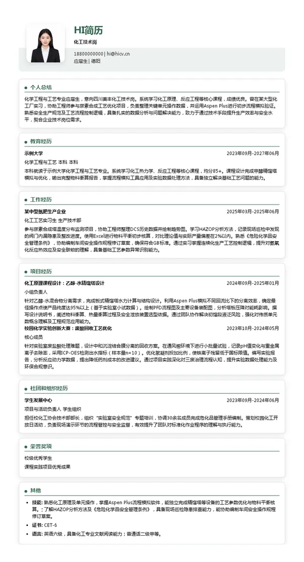 四川美丰化工技术岗投递简历模板