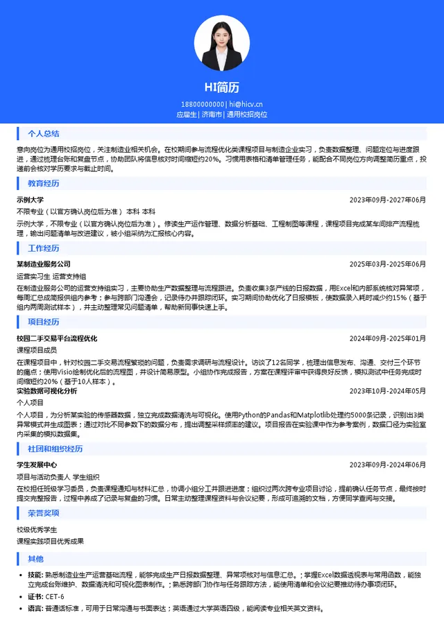 山东九羊集团有限公司通用校招岗位投递简历模板