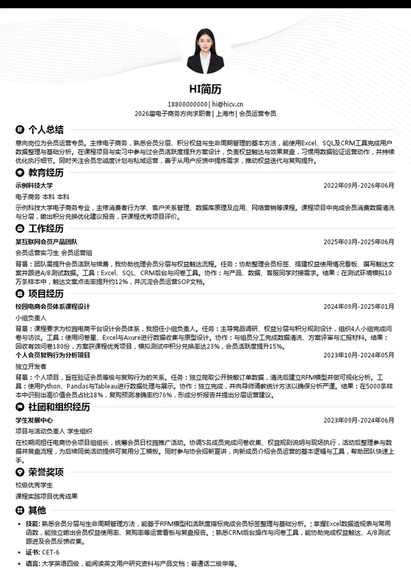 会员运营专员简历模板