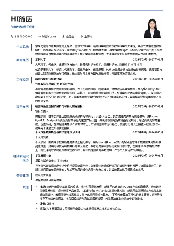 上海联赣光电科技有限公司气象数据应用工程师投递简历模板