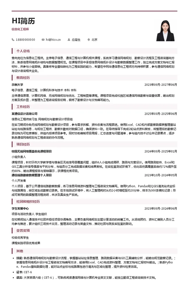 中网华通信息化工程师投递简历模板