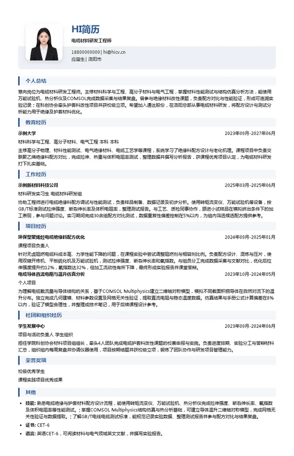 通达集团电缆材料研发工程师投递简历模板