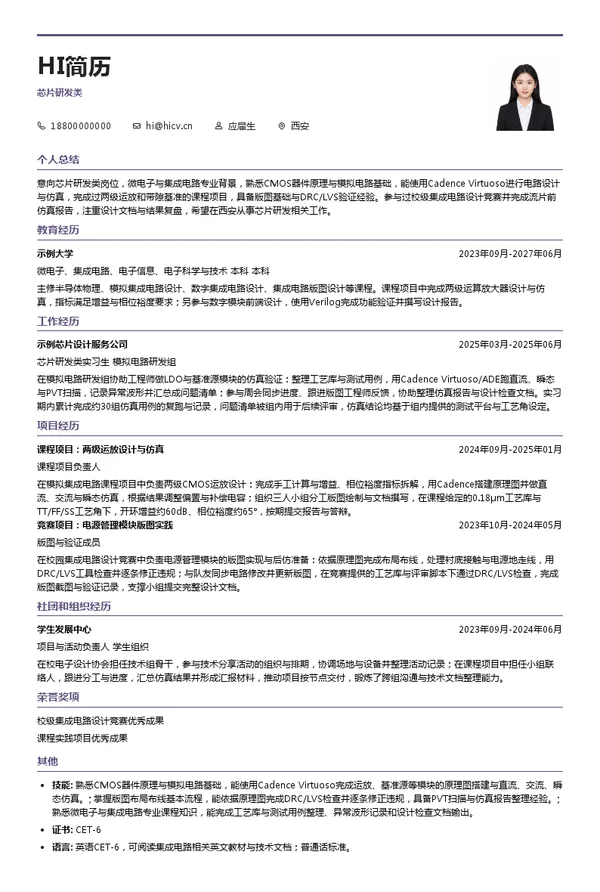 亚成微芯片研发类投递简历模板