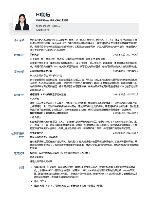 强力巨彩产品研发方向-嵌入式软件工程师投递简历模板
