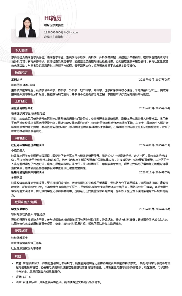 山东健康集团临床医学类岗位投递简历模板