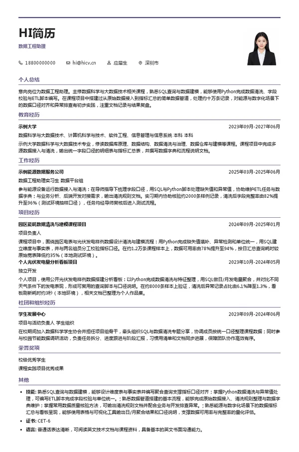 港华能源投资有限公司数据工程助理投递简历模板