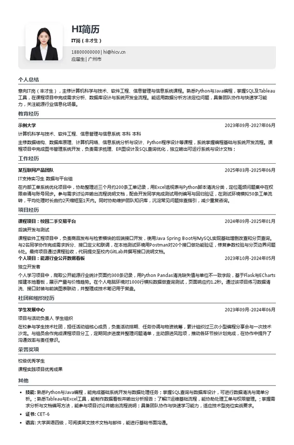 九丰集团IT岗(丰才生)投递简历模板