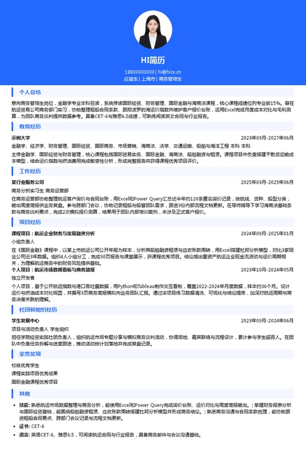 洲际船务集团商务管培生投递简历模板