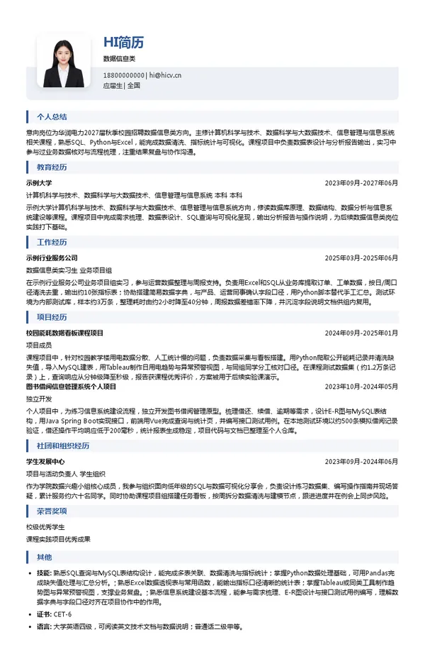 华润电力数据信息类投递简历模板