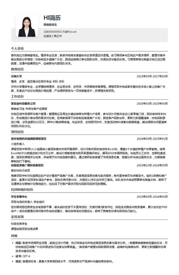 瀚万集团营销管培生投递简历模板
