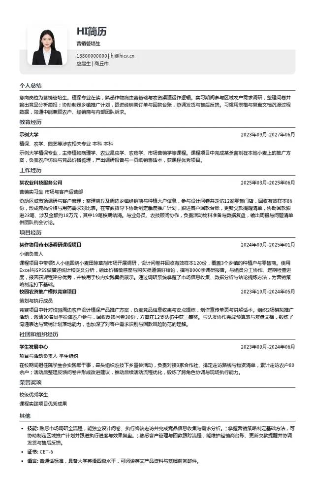 瀚万集团营销管培生投递简历模板