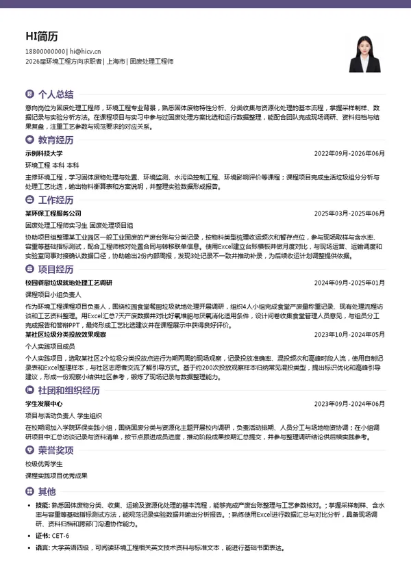 固废处理工程师简历模板