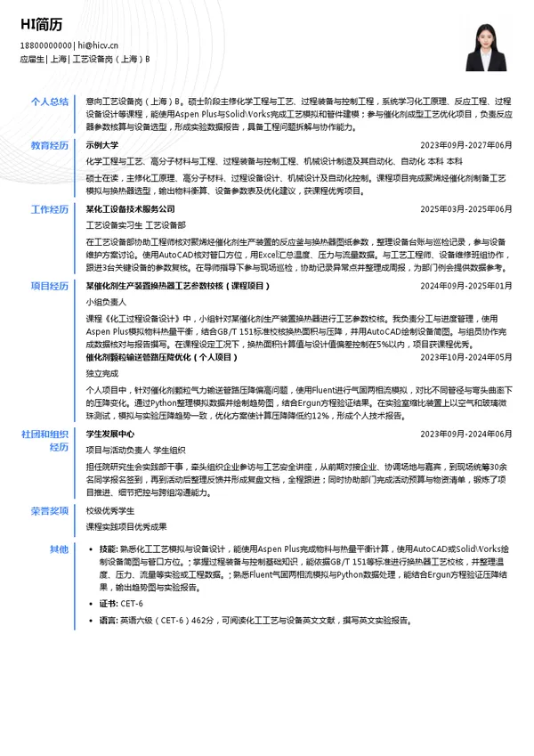 上海立得催化剂有限公司工艺设备岗(上海)B投递简历模板