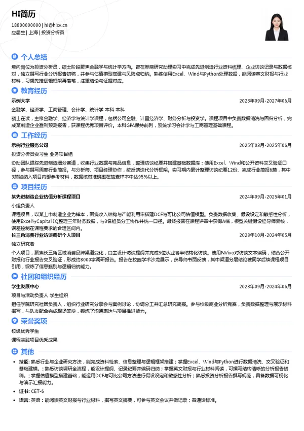 谱润投资投资分析员投递简历模板
