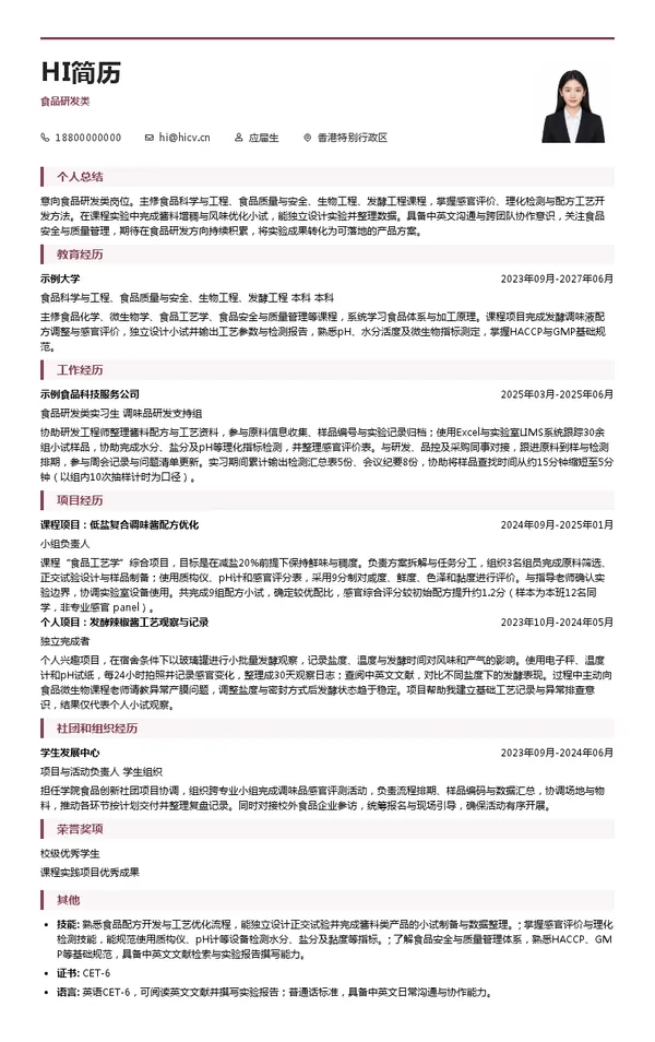 李锦记(中国)销售有限公司食品研发类投递简历模板