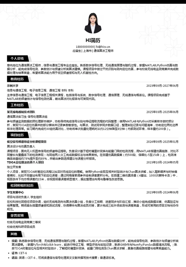 上海特金信息科技有限公司通信算法工程师投递简历模板