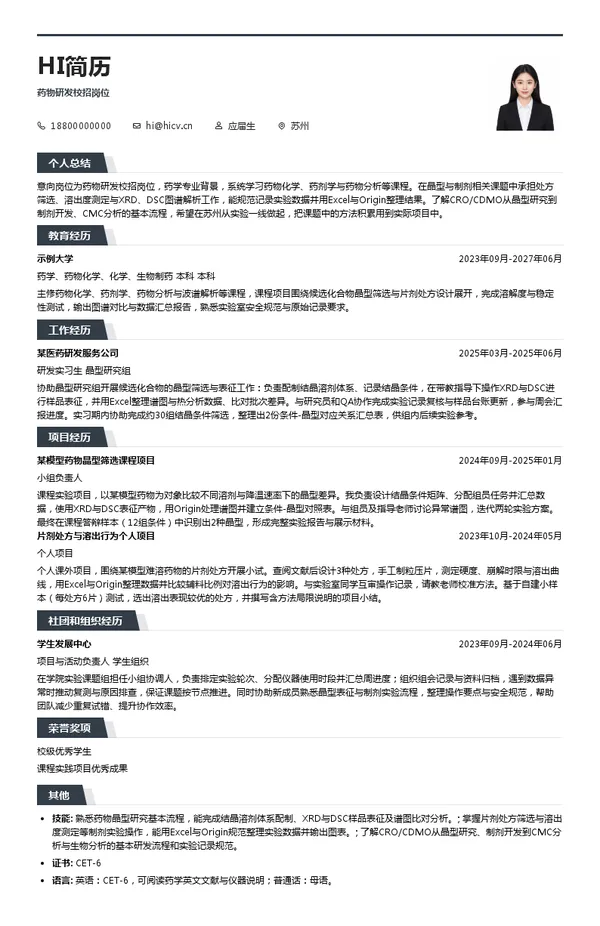 晶云药物药物研发校招岗位投递简历模板
