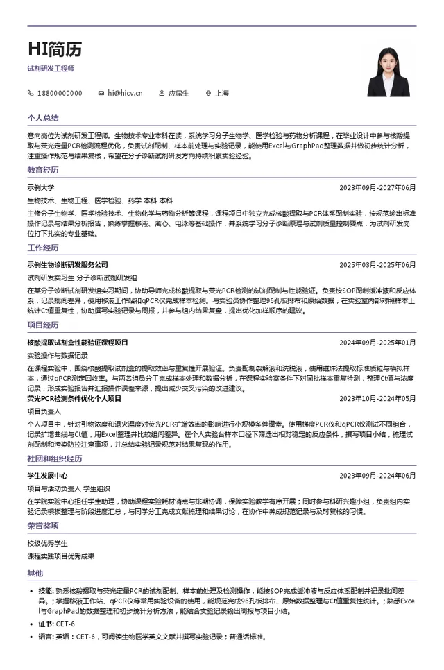 之江生物试剂研发工程师投递简历模板