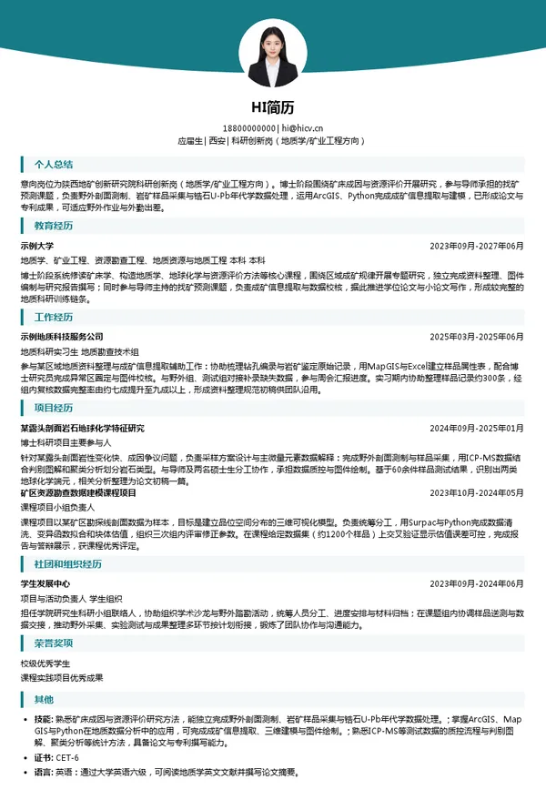 陕西地矿创新研究院科研创新岗（地质学/矿业工程方向）投递简历模板