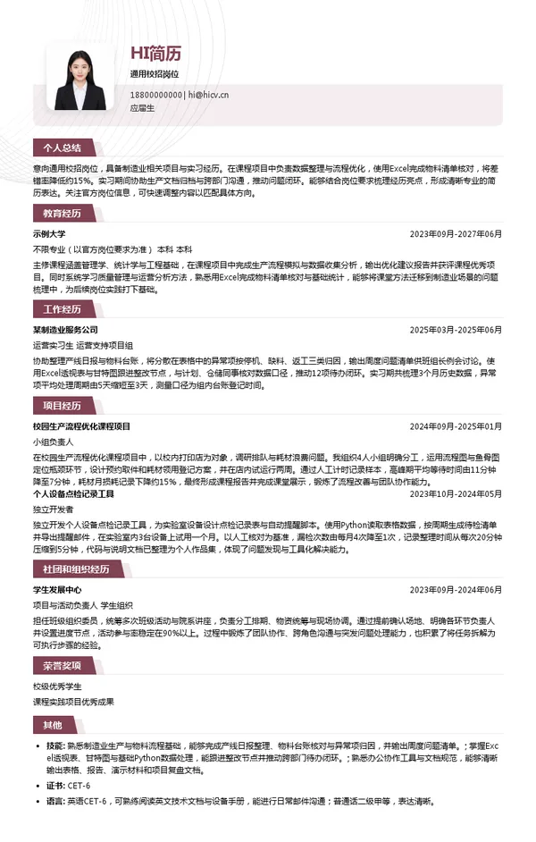 安捷利美维电子（厦门）有限责任公司通用校招岗位投递简历模板