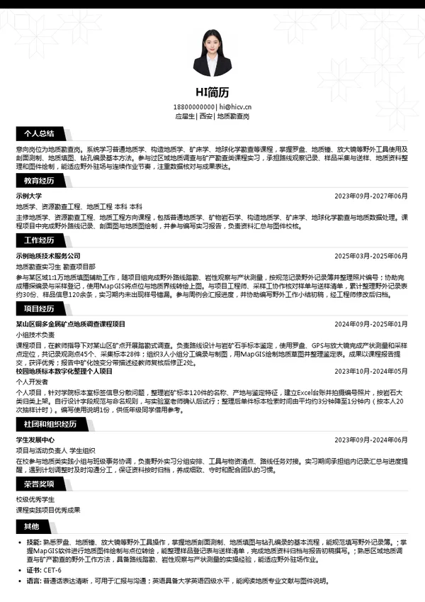 陕西地矿第六地质队地质勘查岗投递简历模板