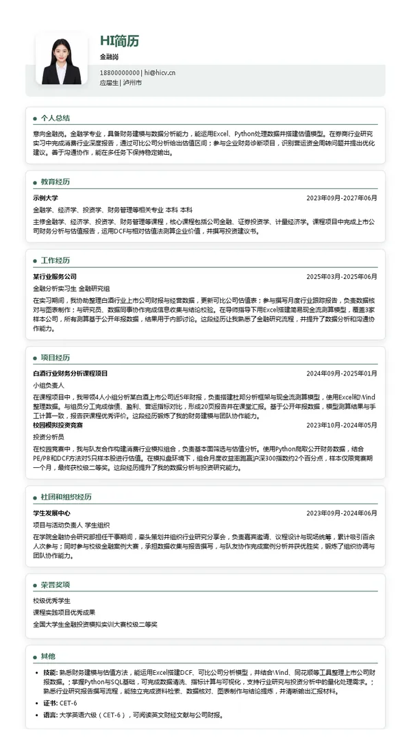 泸州老窖集团有限责任公司金融岗投递简历模板