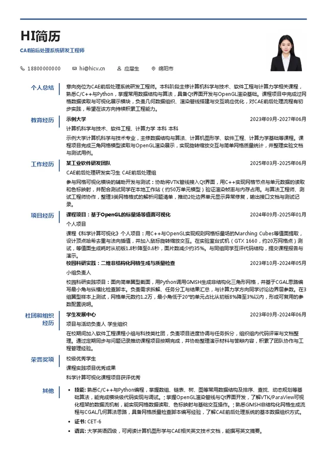 中物院软件中心CAE前后处理系统研发工程师投递简历模板
