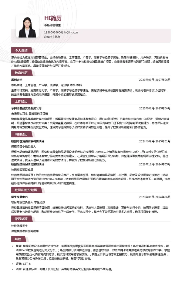 亿滋市场部管培生投递简历模板