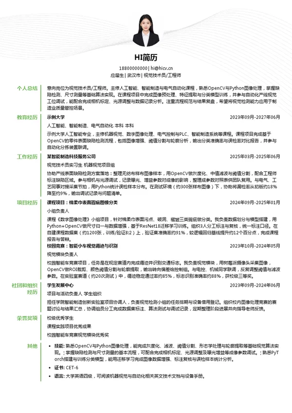 武汉稳健视觉技术员/工程师投递简历模板