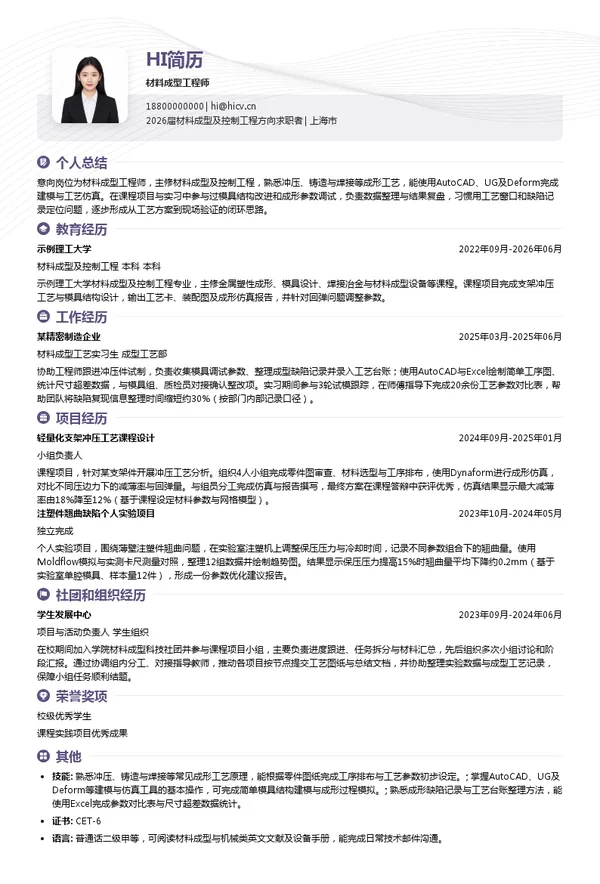 材料成型工程师简历模板