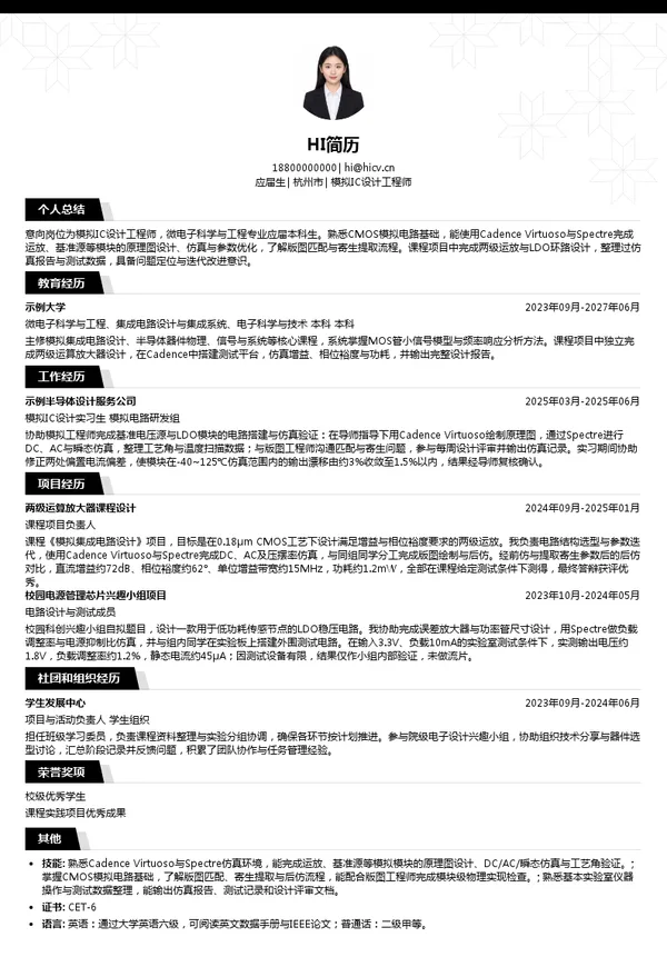 杭州宇称电子技术有限公司模拟IC设计工程师投递简历模板