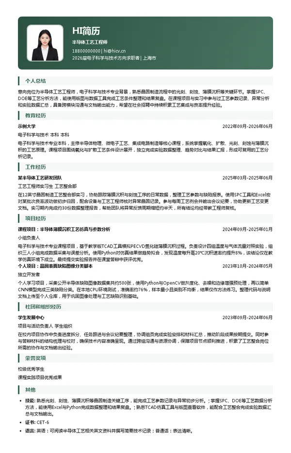社招半导体工艺工程师简历模板