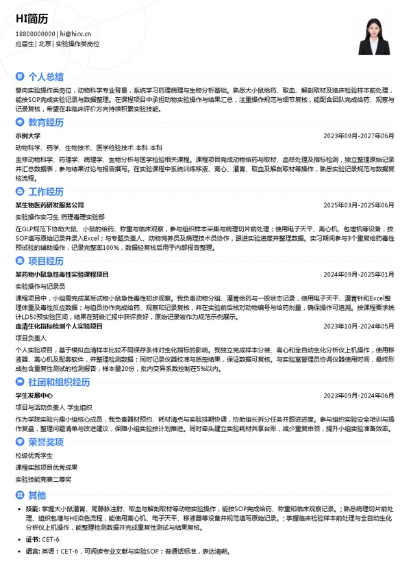 昭衍新药实验操作类岗位投递简历模板