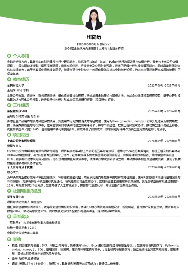 考研复试金融分析师简历模板
