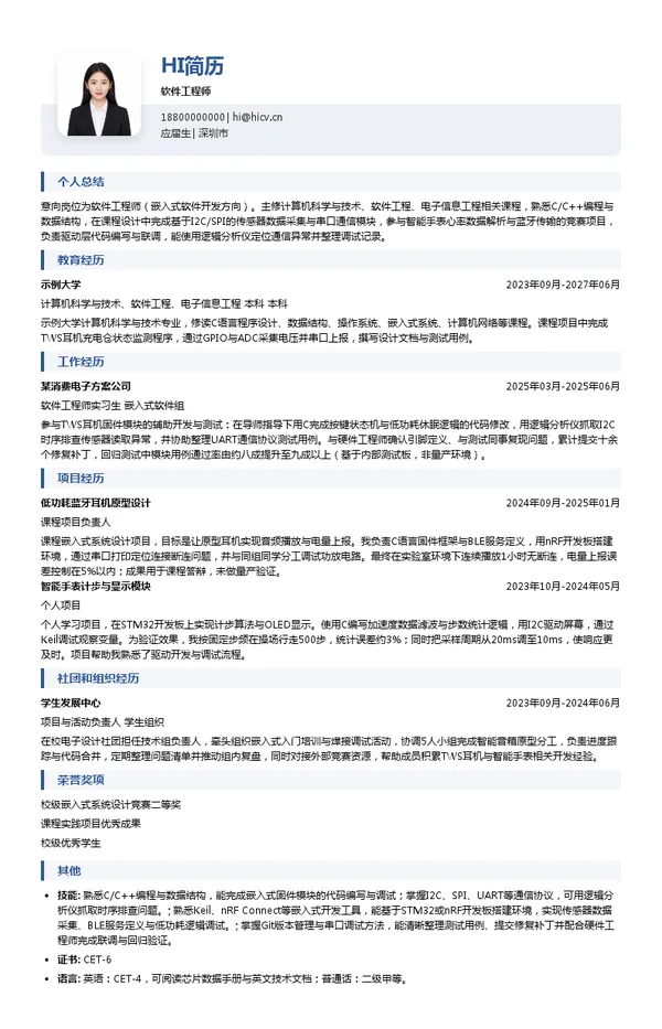 深圳市沃莱特电子有限公司软件工程师投递简历模板