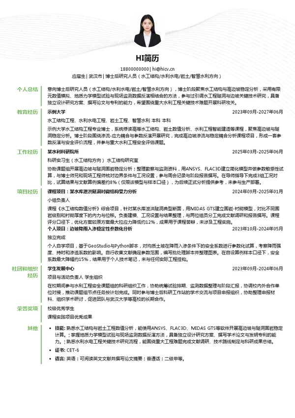 湖北省水利水电规划勘测设计院有限公司博士后研究人员(水工结构/水利水电/岩土/智慧水利方向)投递简历模板