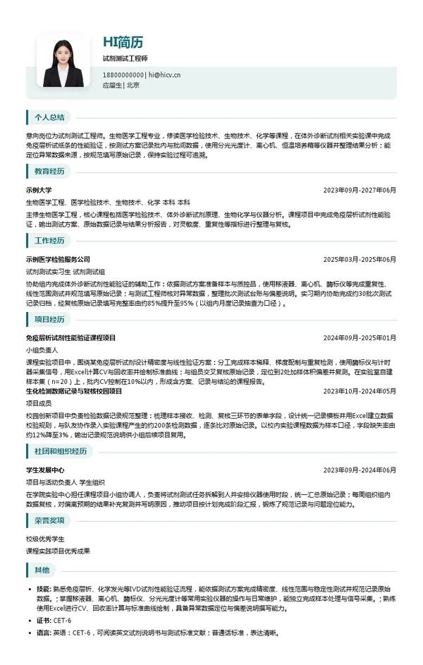 万孚生物试剂测试工程师投递简历模板