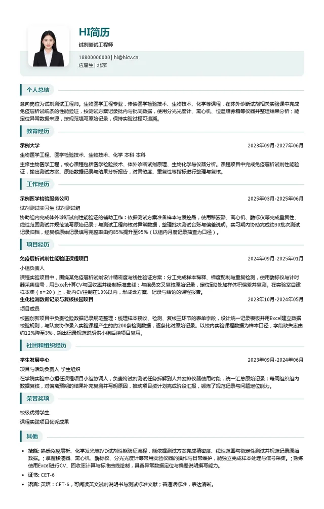 万孚生物试剂测试工程师投递简历模板
