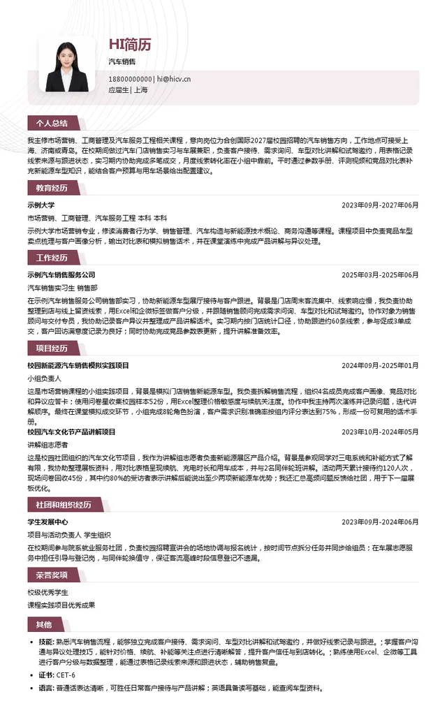 合创国际汽车销售投递简历模板