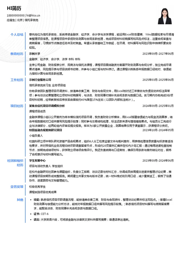 云南信托信托承做岗投递简历模板
