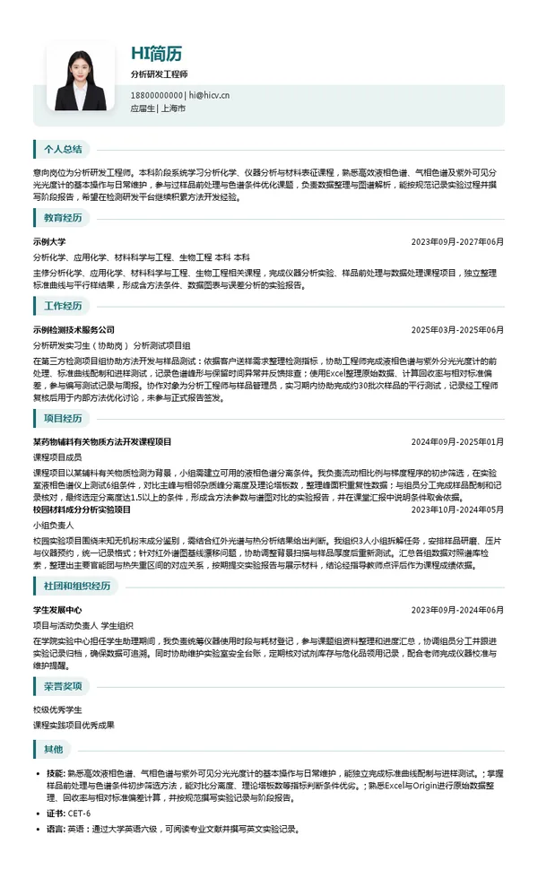 微谱科技集团分析研发工程师投递简历模板